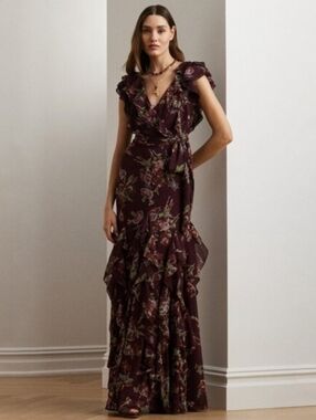 Lauren Ralph Lauren Burgundy Floral Maxi Dress Size 6